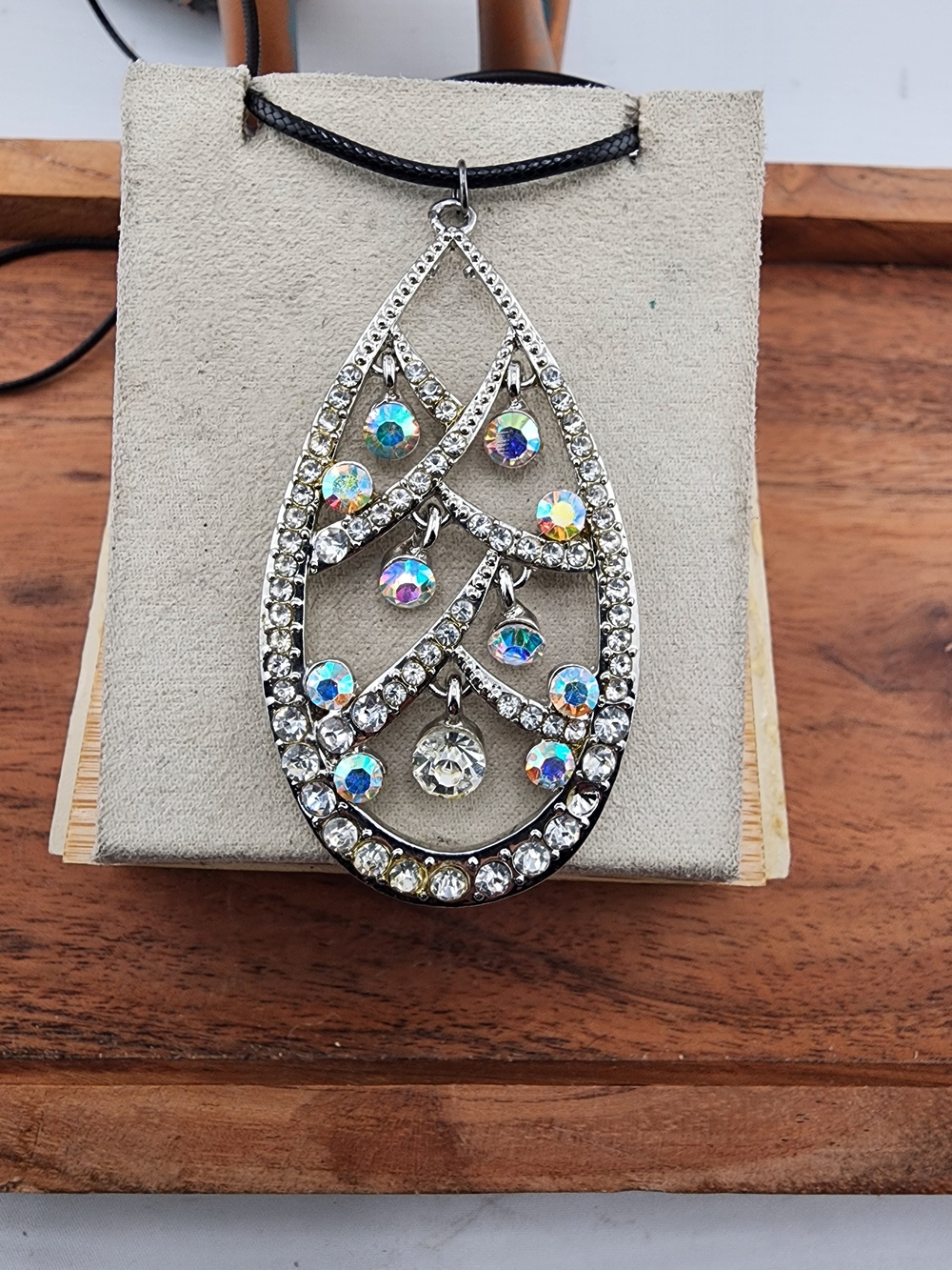 Iridescent Crystal Teardrop Necklace in Silver
